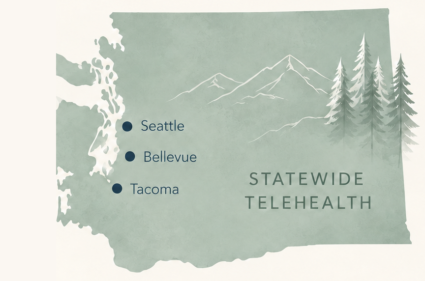Map of Washington State marking Seattle, Bellevue and Tacoma, labelled statewide telehealth